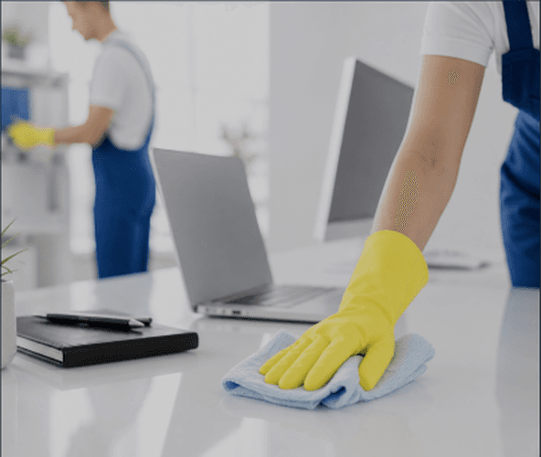 Professional cleaners maintaining a modern office workspace